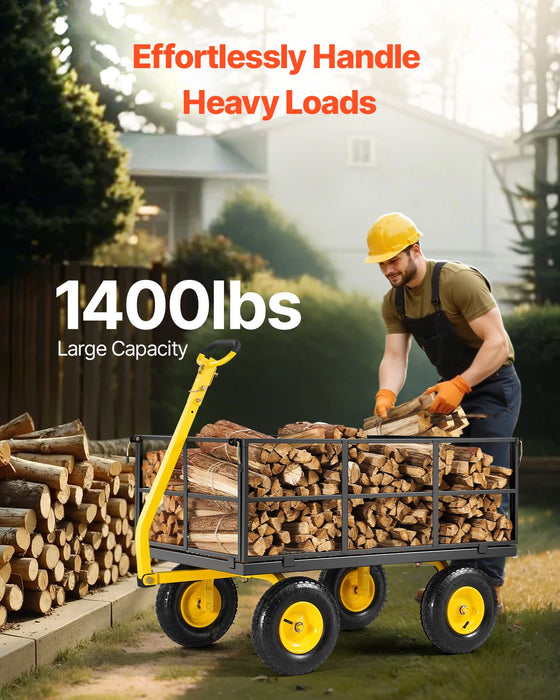 1400 Lbs Steel Garden Cart Heavy Duty Pullable Garden Wagon Yard Cart 2 In 1 Outdoor Metal Utility Wagon Yard Trailer With 13" All Terrain Tires Mesh Removable Sides And 180°Rotating Handle