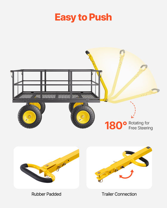 1400 Lbs Steel Garden Cart Heavy Duty Pullable Garden Wagon Yard Cart 2 In 1 Outdoor Metal Utility Wagon Yard Trailer With 13" All Terrain Tires Mesh Removable Sides And 180°Rotating Handle