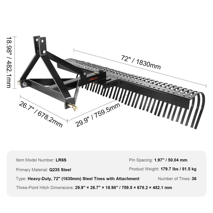 Tow Behind Dethatcher 1.8M Tow Dethatcher With 36 Steel Tines 3-Point Lawn Dethatcher Rake With Attachments For Tractor Landscape Rake For Garden Farm Grass