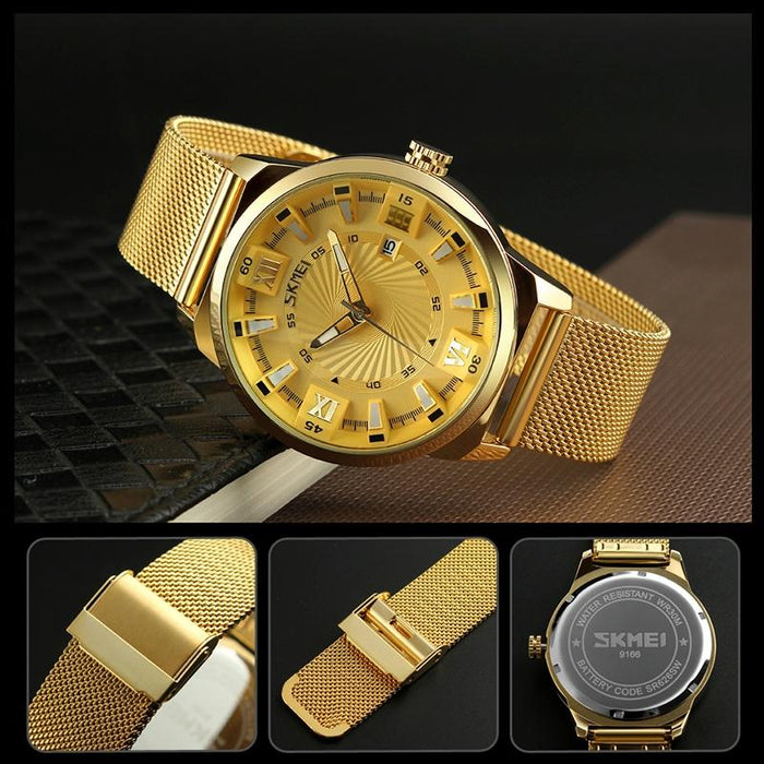 9166 Fashion Men Business 30M Waterproof Metal Quartz Wristwatch