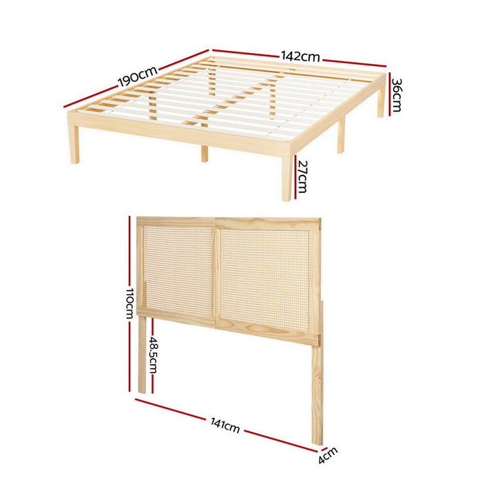 Bed Frame Double Size With Rattan Headboard Wooden Bed Base Bruno