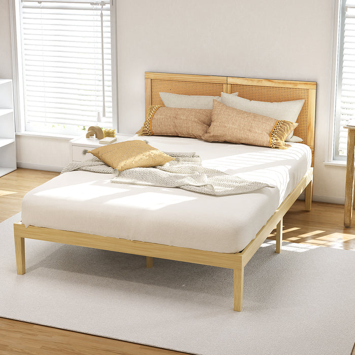 Bed Frame Double Size With Rattan Headboard Wooden Bed Base Bruno