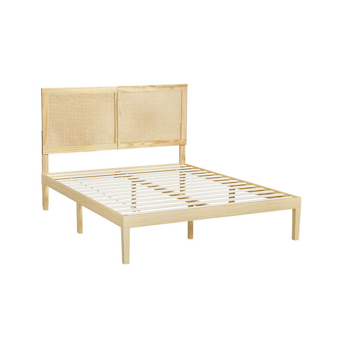 Bed Frame Queen Size With Rattan Headboard Wooden Bed Base Bruno