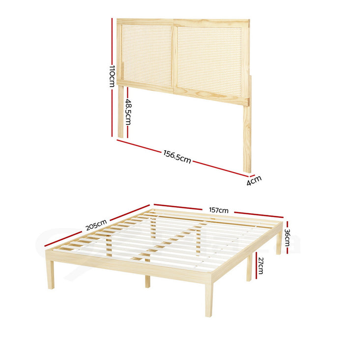 Bed Frame Queen Size With Rattan Headboard Wooden Bed Base Bruno