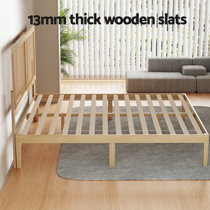 Bed Frame Queen Size With Rattan Headboard Wooden Bed Base Bruno
