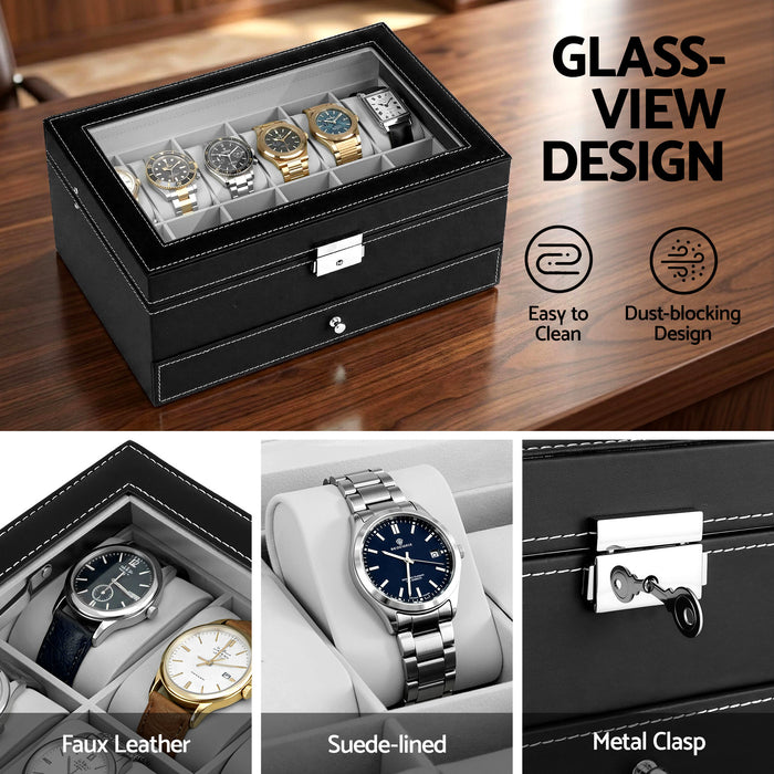12 Grids Watch Box Organizer Case Jewelry Display Storage Showcase