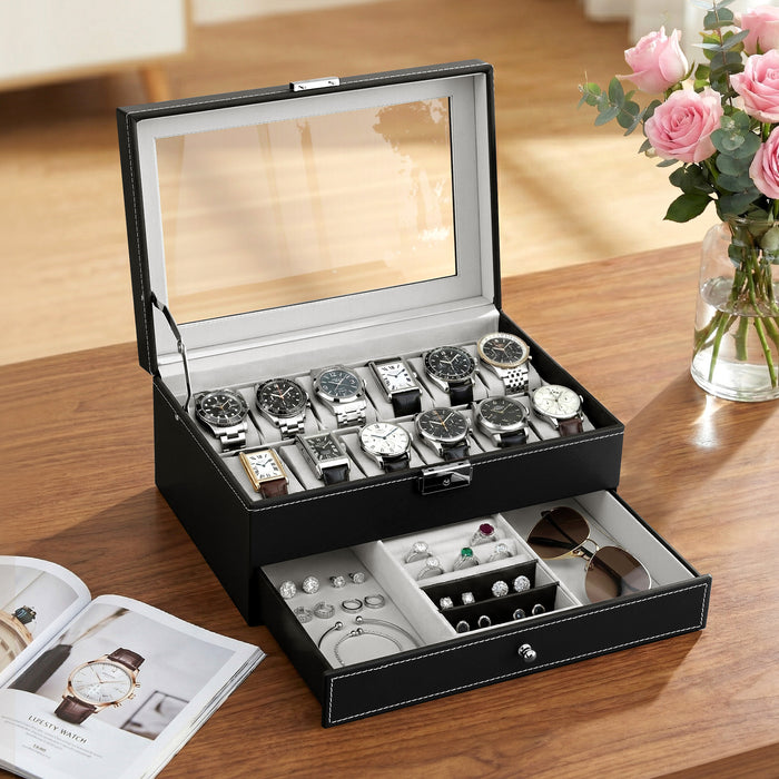12 Grids Watch Box Organizer Case Jewelry Display Storage Showcase