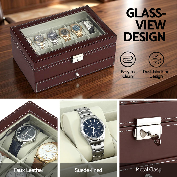 12 Grids Watch Box Organizer Case Jewelry Display Storage Showcase