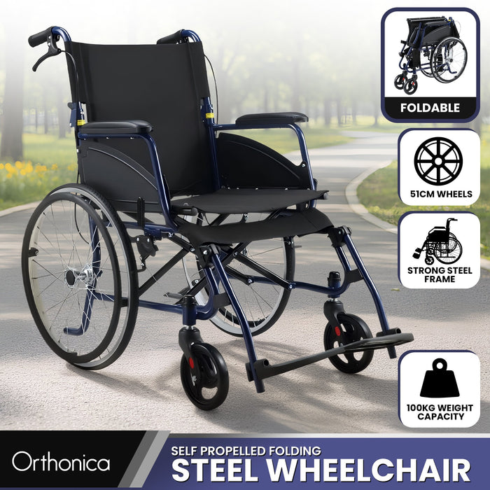 20In Self Propelled Foldable Steel Wheelchair Lightweight & Portable