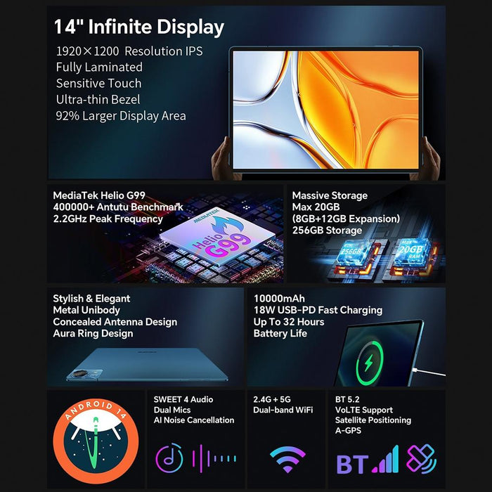 Teclast T70 4G Lte Tablet Pc 8Gb+256Gb 14 Inch Android 14 Mediatek Helio G99 Octa Core Support Dual Sim