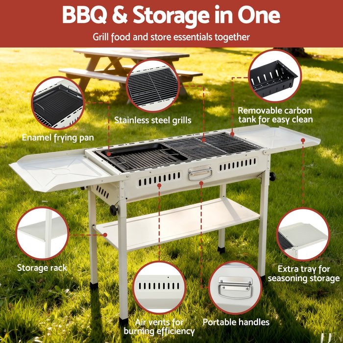 Portable Bbq Grill W/ Stainless Steel Racks & Pans For Outdoor