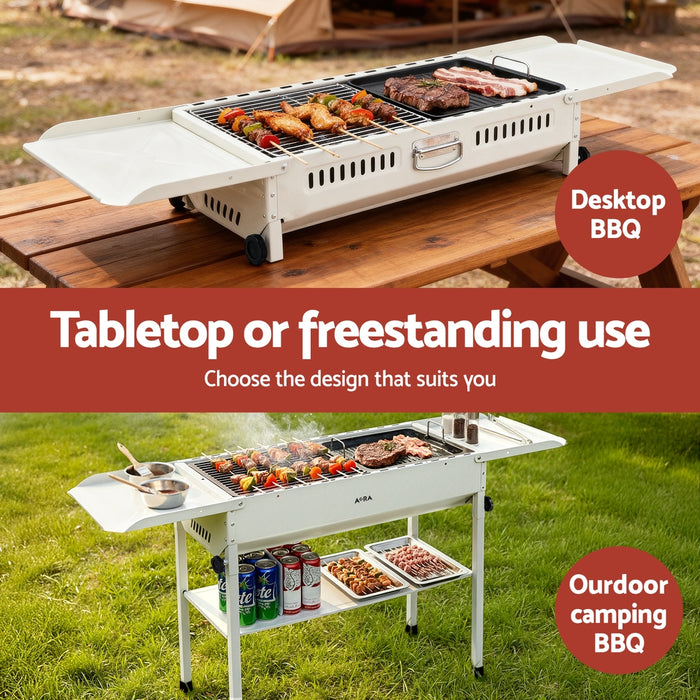 Portable Bbq Grill W/ Stainless Steel Racks & Pans For Outdoor