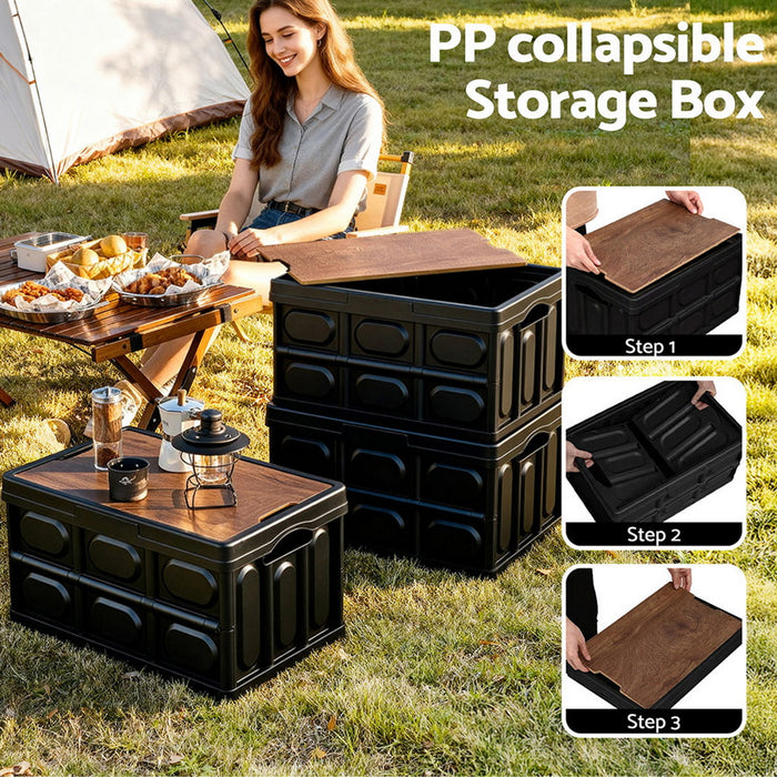 Collapsible Outdoor Storage Box 50L Stackable Folding Camping Organizer Plywood Lid Black