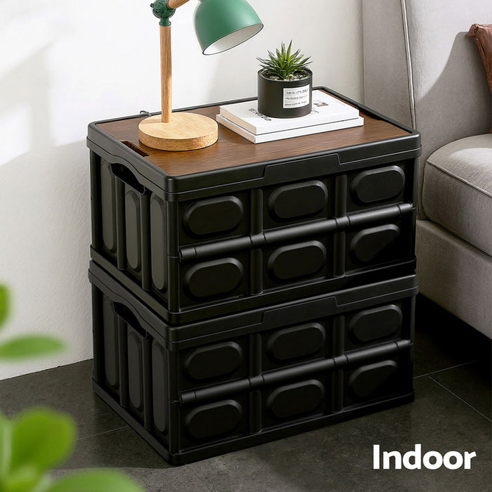 Collapsible Outdoor Storage Box 50L Stackable Folding Camping Organizer Plywood Lid Black