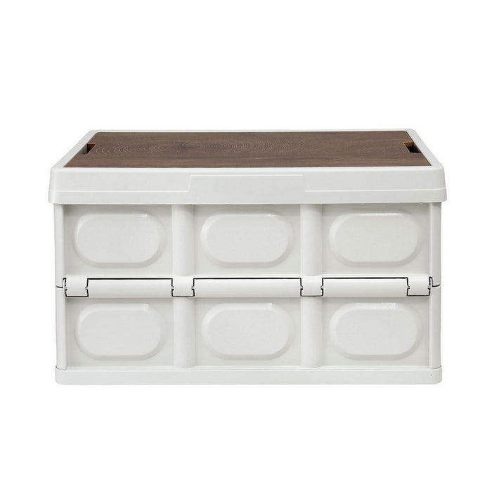 Collapsible Outdoor Storage Box 50L Stackable Folding Camping Organizer Plywood Lid Beige