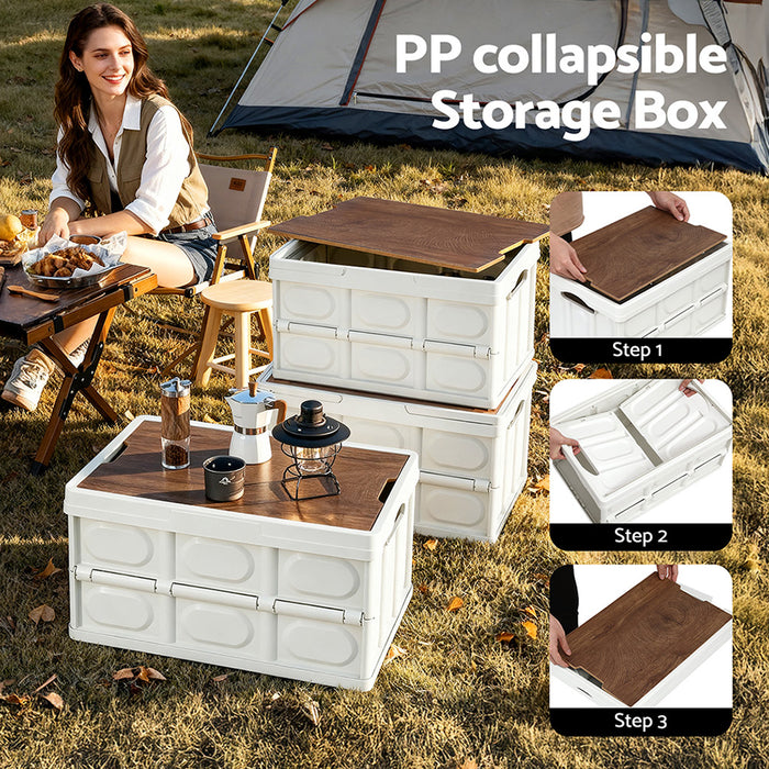 Collapsible Outdoor Storage Box 50L Stackable Folding Camping Organizer Plywood Lid Beige