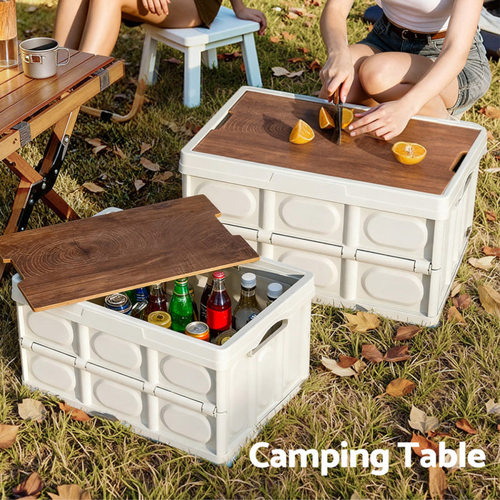 Collapsible Outdoor Storage Box 50L Stackable Folding Camping Organizer Plywood Lid Beige