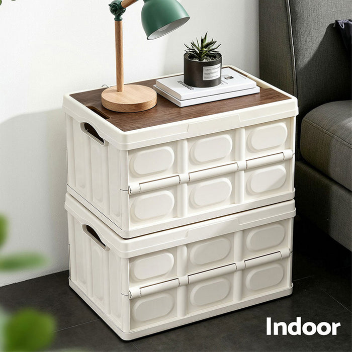 Collapsible Outdoor Storage Box 50L Stackable Folding Camping Organizer Plywood Lid Beige