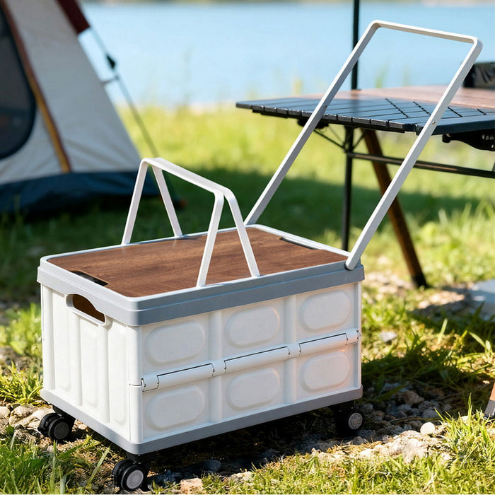 Collapsible Outdoor Storage Box 54L Stackable Folding Camping Organizer Wheels Plywood Lid Beige