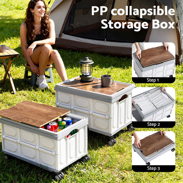 Collapsible Outdoor Storage Box 54L Stackable Folding Camping Organizer Wheels Plywood Lid Beige
