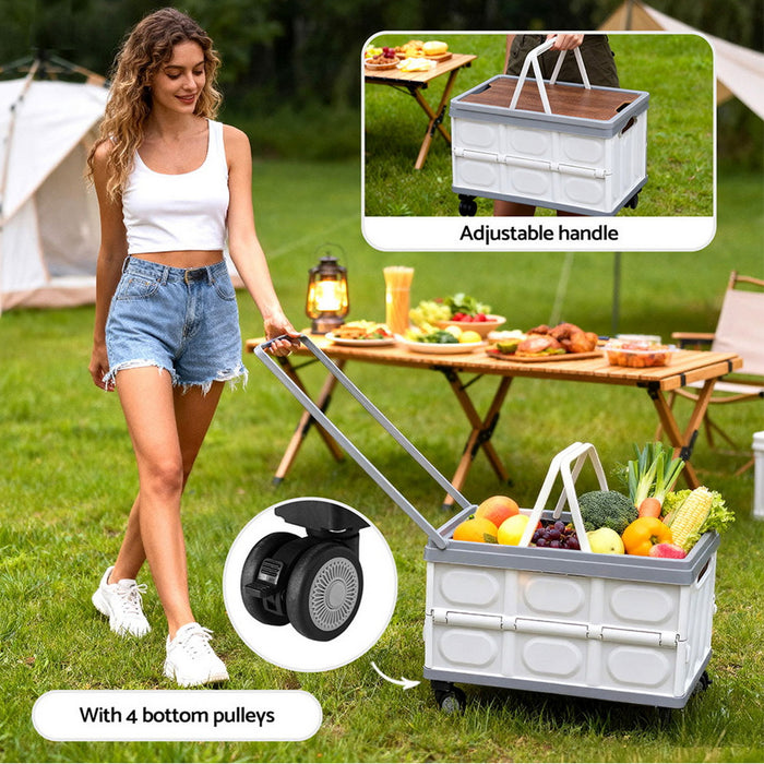 Collapsible Outdoor Storage Box 54L Stackable Folding Camping Organizer Wheels Plywood Lid Beige
