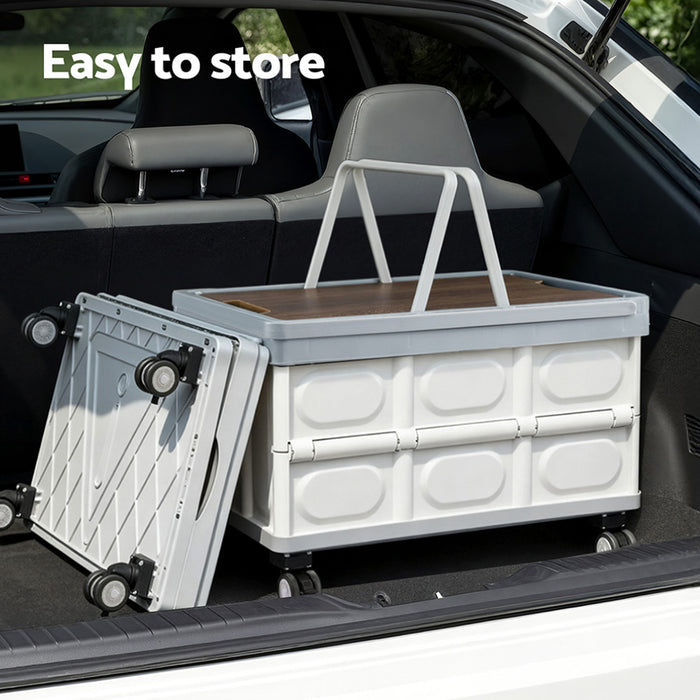 Collapsible Outdoor Storage Box 54L Stackable Folding Camping Organizer Wheels Plywood Lid Beige