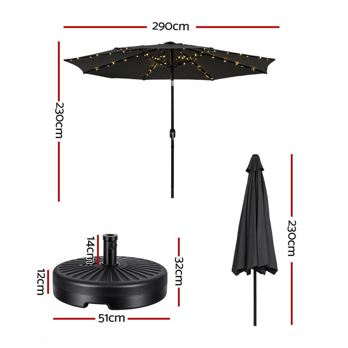 Outdoor Umbrella 2.9M Market Umbrella With Base String Light Black