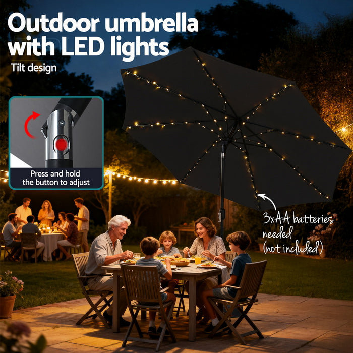 Outdoor Umbrella 2.9M Market Umbrella With Base String Light Black
