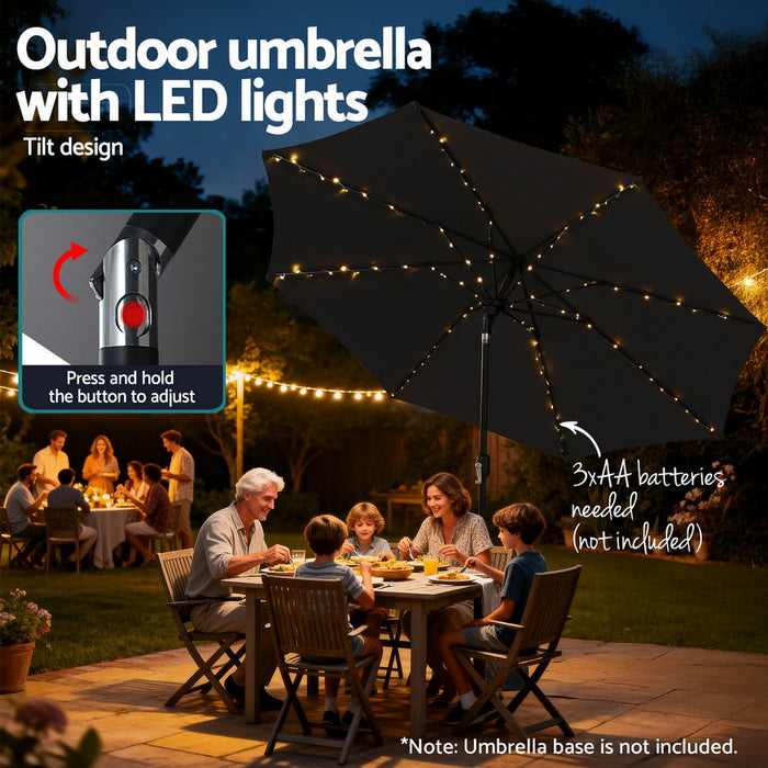 Outdoor Umbrella 2.9M Market Umbrella With String Light Tilt Black