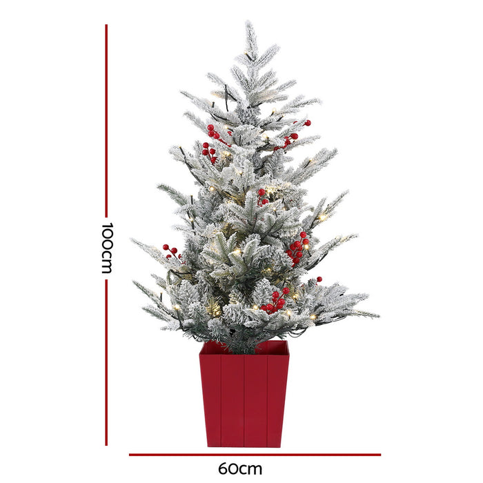 Christmas Tree 1M Led Potted Xmas Party Decor Red Barries Flocked