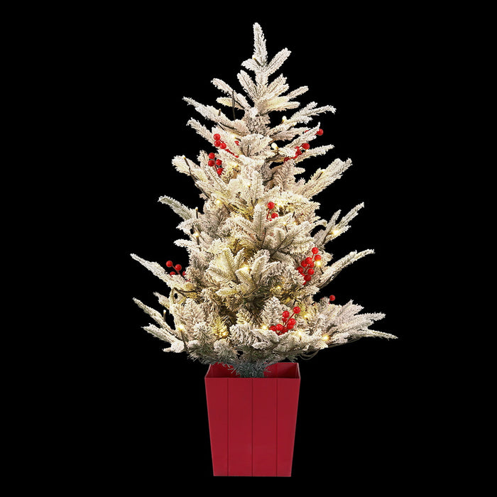 Christmas Tree 1M Led Potted Xmas Party Decor Red Barries Flocked