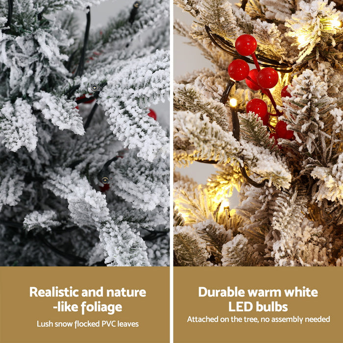 Christmas Tree 1M Led Potted Xmas Party Decor Red Barries Flocked