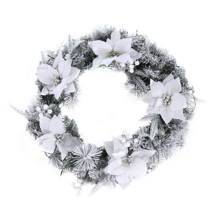 60Cm Christmas Wreath Led Lights Snowy Flowers Garland Party Decor