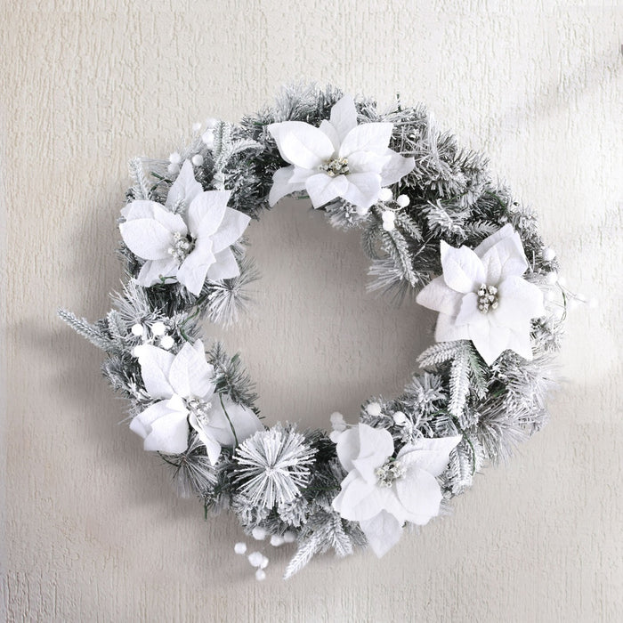 60Cm Christmas Wreath Led Lights Snowy Flowers Garland Party Decor