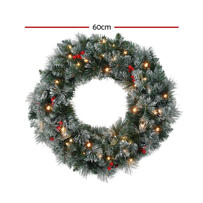 60Cm Christmas Wreath Led Lights Snowy Flowers Garland Party Decor