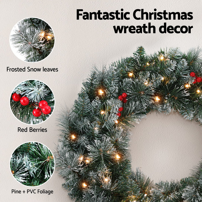 60Cm Christmas Wreath Led Lights Snowy Flowers Garland Party Decor