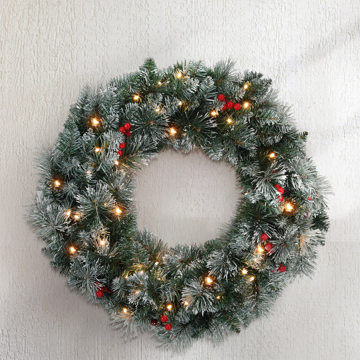 60Cm Christmas Wreath Led Lights Snowy Flowers Garland Party Decor
