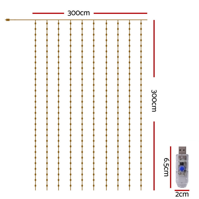 3X3M Christmas Lights Curtain String Light 300 Led Warm White