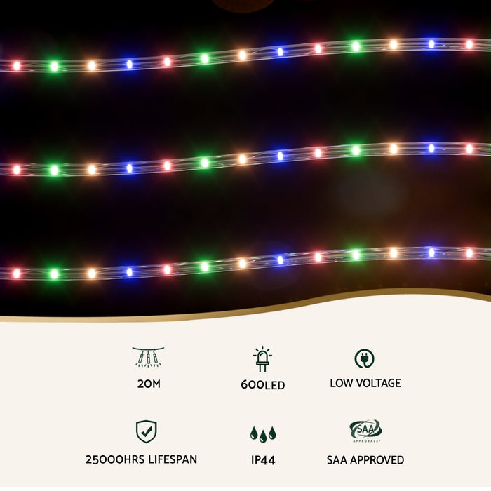 20M Christmas Lights String Rope Light Decoration 600 Led Colourful