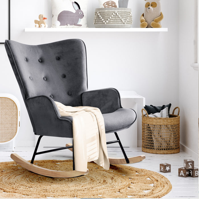 Rocking Chair Armchair Velvet Accent Chairs Fabric Upholstered Grey