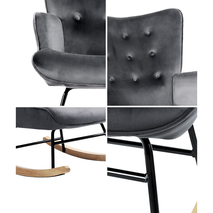 Rocking Chair Armchair Velvet Accent Chairs Fabric Upholstered Grey