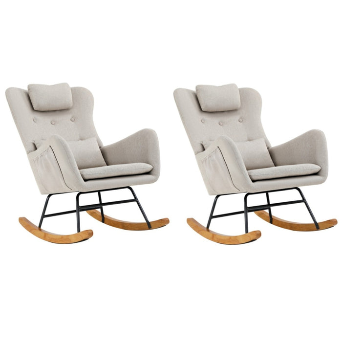 2X Rocking Chair Nursing Armchair Linen Chairs With 2 Pillow Beige