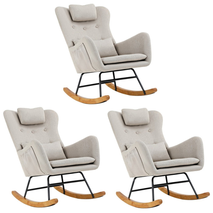 3X Rocking Chair Nursing Armchair Linen Chairs With 2 Pillow Beige