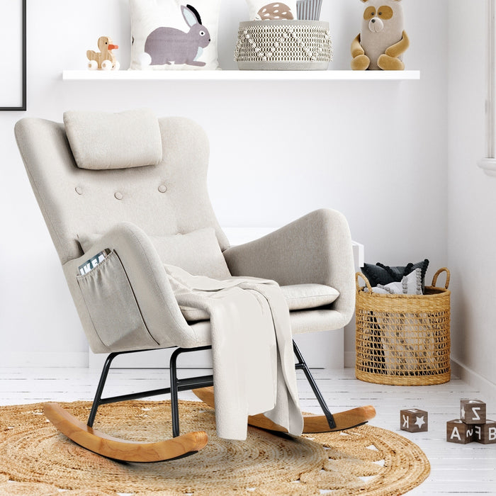 4X Rocking Chair Nursing Armchair Linen Chairs With 2 Pillow Beige