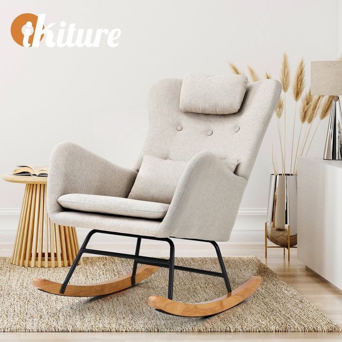 4X Rocking Chair Nursing Armchair Linen Chairs With 2 Pillow Beige