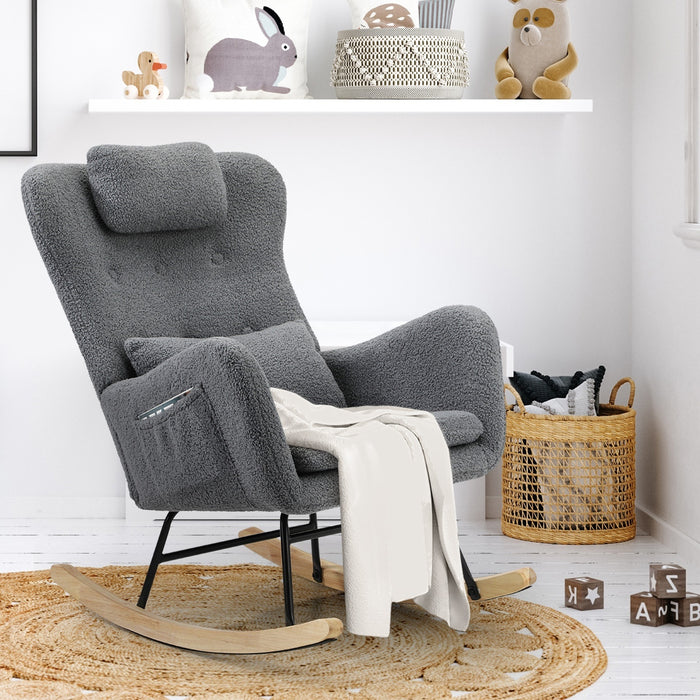 2X Rocking Chair Nursing Armchair Sherpa Chairs With 2 Pillow Grey