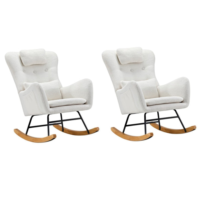 2X Rocking Chair Nursing Armchair Sherpa Chairs With 2 Pillow White