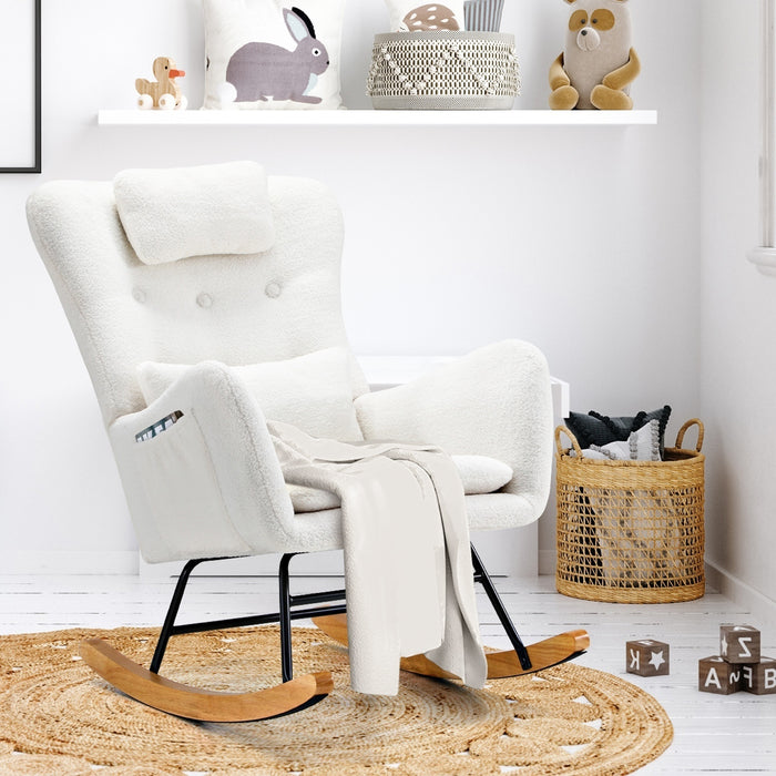 2X Rocking Chair Nursing Armchair Sherpa Chairs With 2 Pillow White