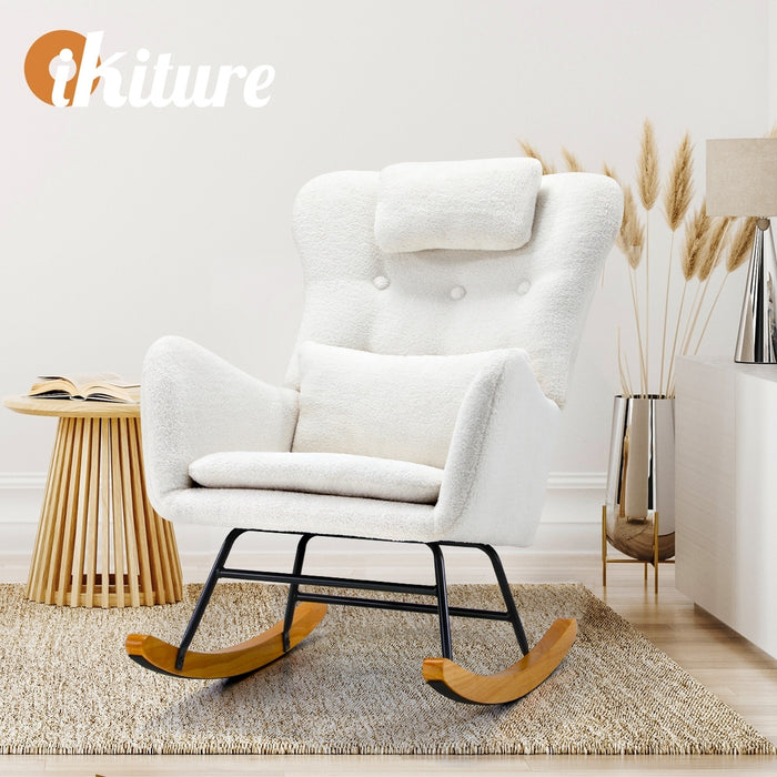 2X Rocking Chair Nursing Armchair Sherpa Chairs With 2 Pillow White