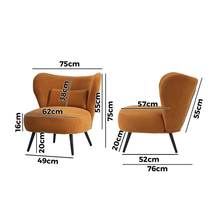 2X Armchair Lounge Chair With Lumbar Pillow Wingback Velvet Orange